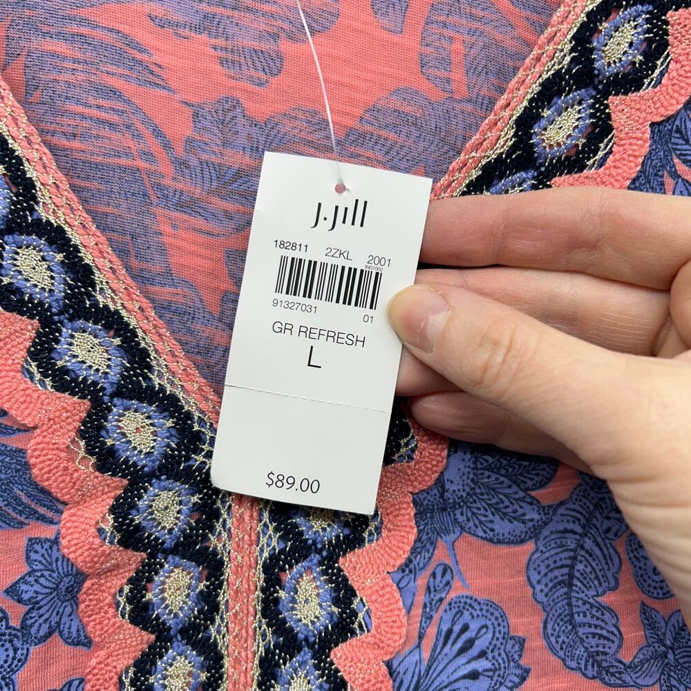 NEW J Jill Floral Embroidered Tunic Top Large Pink Blue Flower 3/4 Length Sleeve - Picture 6 of 7